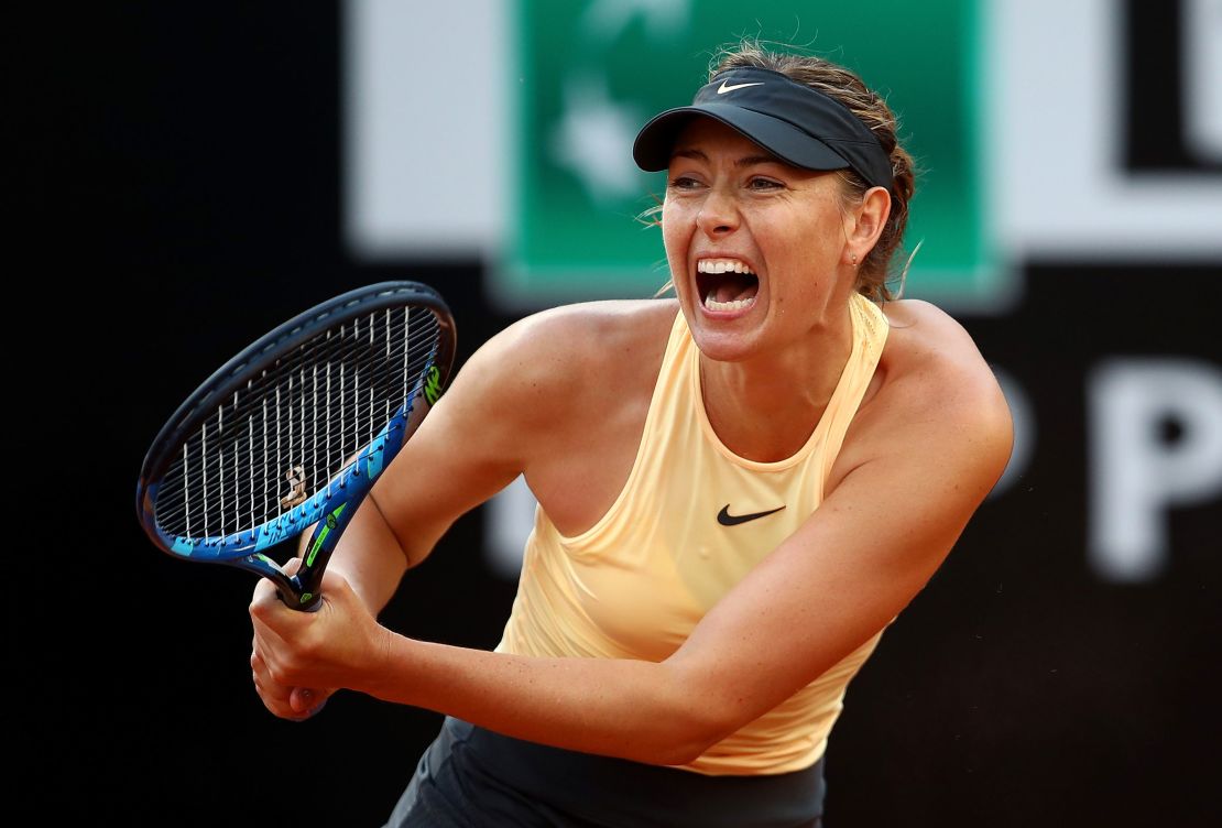 Maria Sharapova of Russia in action against Dominika Cibulkova of Slovakia during day four of the Internazionali BNL d'Italia 2018 tennis at Foro Italico on May 16, 2018 in Rome, Italy.