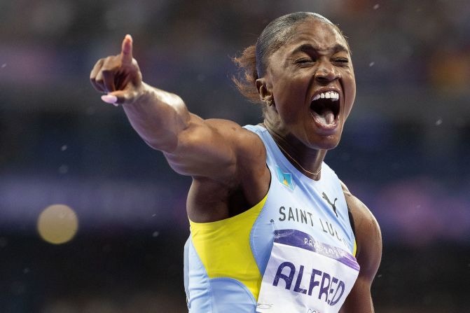 Saint Lucia's <a href="https://www.cnn.com/sport/live-news/paris-olympics-news-2024-08-03#h_40dc9ed1a9773dbb45d0bdbbdf57d1ea">Julien Alfred</a> celebrates after winning the gold in the women's 100-meter sprint, her country's first Olympic medal in any sport, on August 3. Alfred finished with a time of 10.72, ahead of American Sha’Carri Richardson, who won silver, and Melissa Jefferson winning bronze.