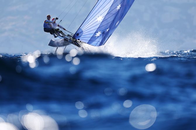 Rhiannan Brown and Brin Liddell of Australia compete in a sailing event August 4.