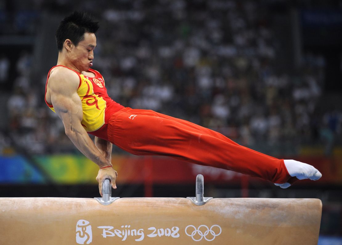 China's Yang Wei competes on pommel horse at the Beijing Olympics.