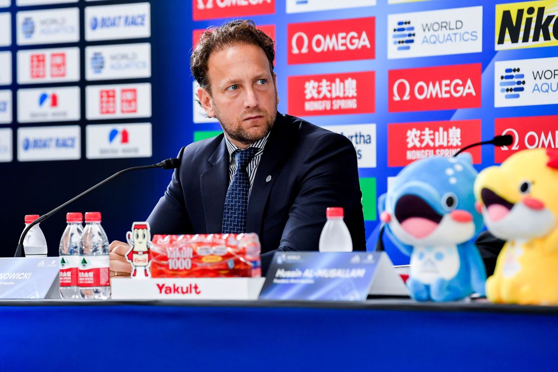 World Aquatics Executive Director Brent Nowicki attends a news conference during the 20th World Aquatics Championships at the Marine Messe in Fukuoka, Japan, on July 13, 2023.