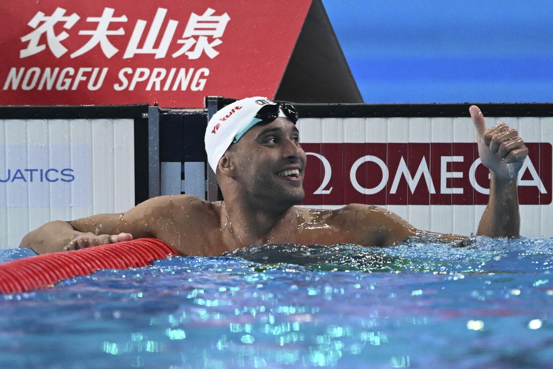 Chad Le Clos after competing in a semi-final of the men's 100m butterfly, at the 2024 World Aquatics Championships in Doha, February 16, 2024.