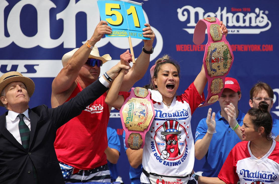 Miki Sudo celebrates after winning the women's title during the 2024 women's contest.