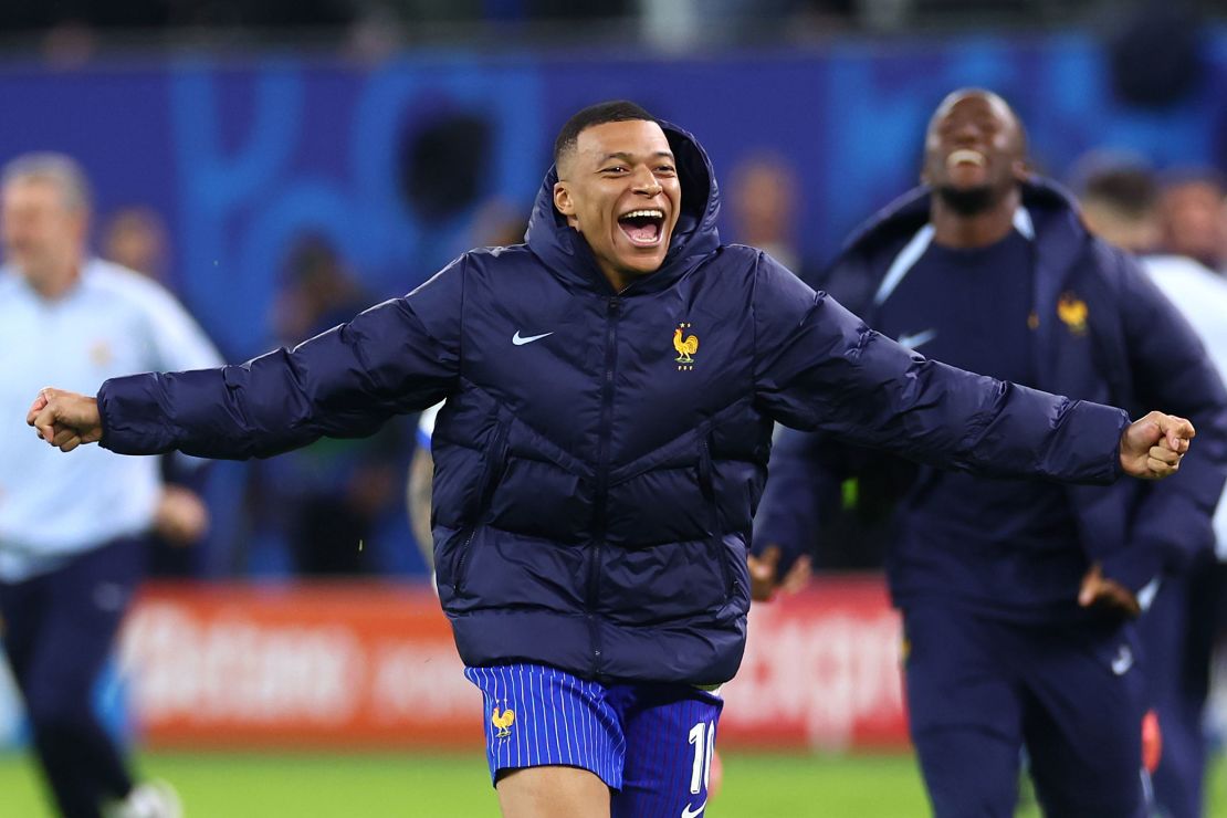 Mbappé celebrates after France beats Portugal.