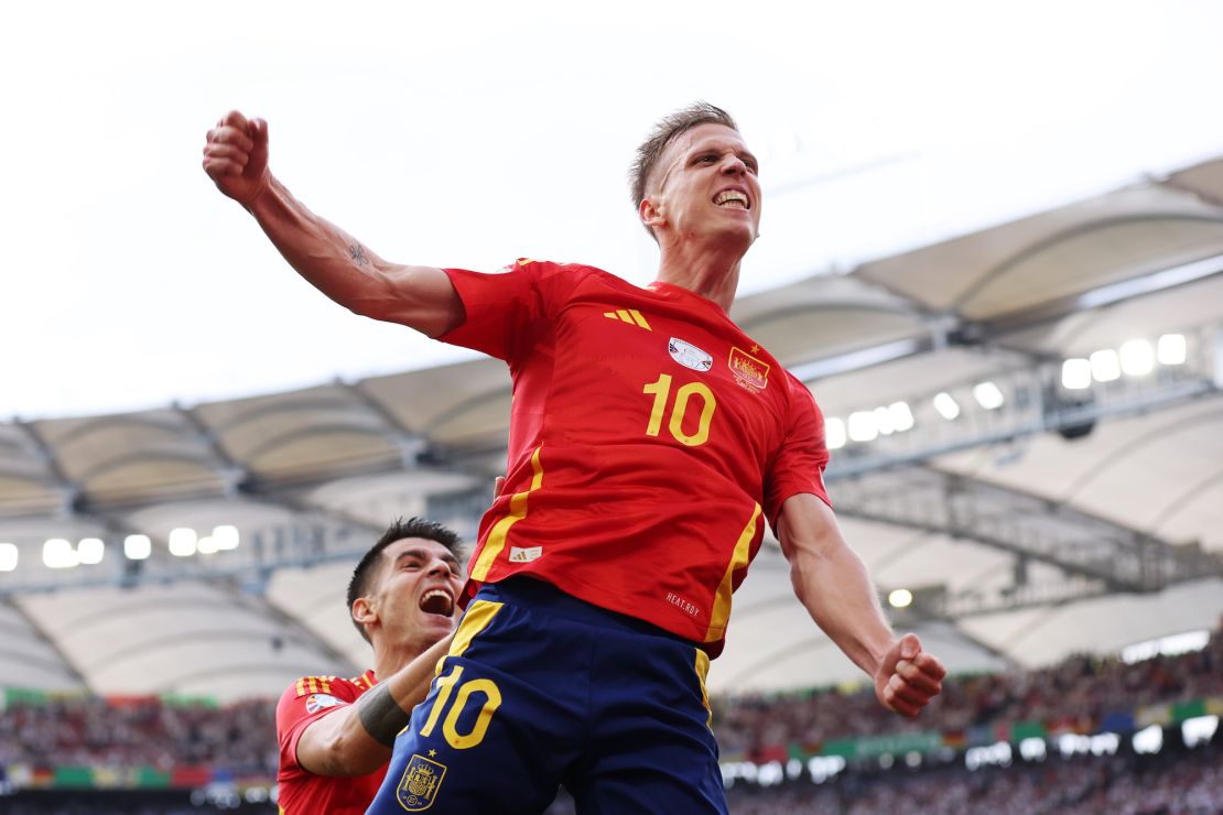 Olmo celebrates after scoring Spain's first goal against Germany.