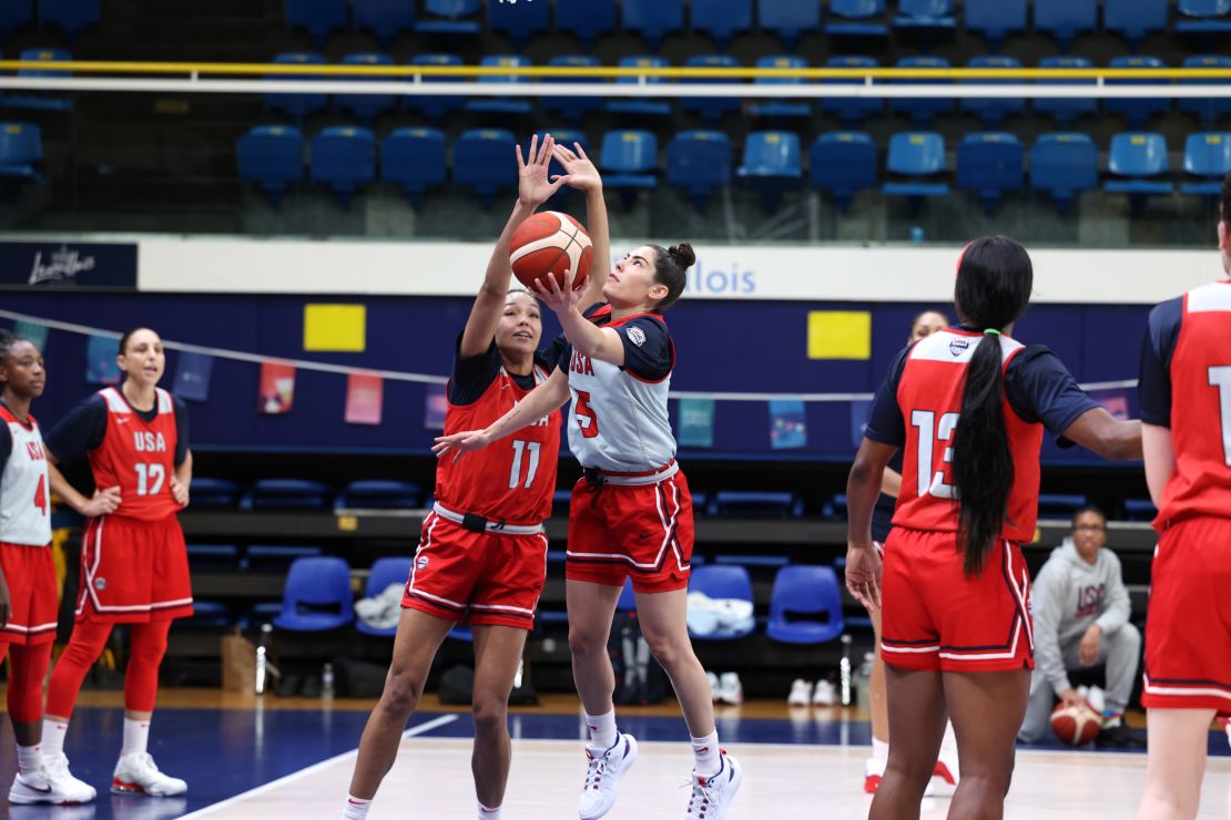 PARIS, FRANCE - JULY 27: Kelsey Plum of the USA Women's National Team shoots during the USA Women's National Team practice at Palais des Sports Marcel-Cerdan on July 27, 2024 in Paris, France. NOTE TO USER: User expressly acknowledges and agrees that, by downloading and/or using this photograph, user is consenting to the terms and conditions of the Getty Images License Agreement. Mandatory Copyright Notice: Copyright 2024 NBAE (Photo by Brian Choi/NBAE via Getty Images)