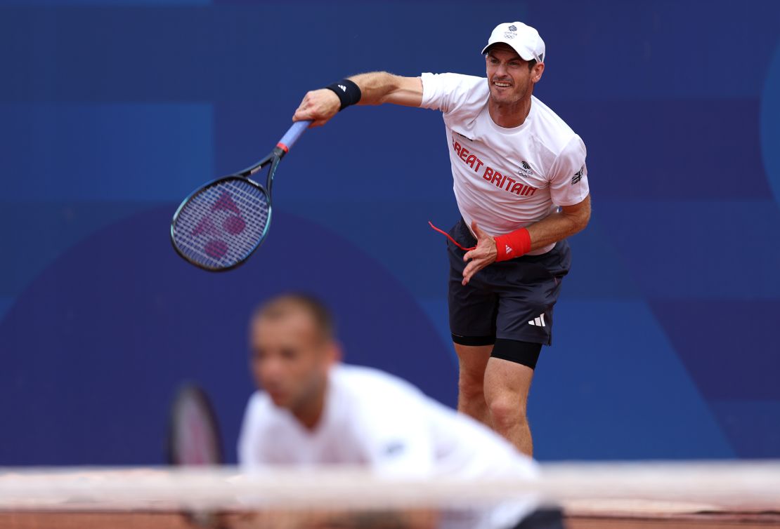 Murray serves during a training session ahead of the Olympic Games at Roland Garros on July 24 in Paris.