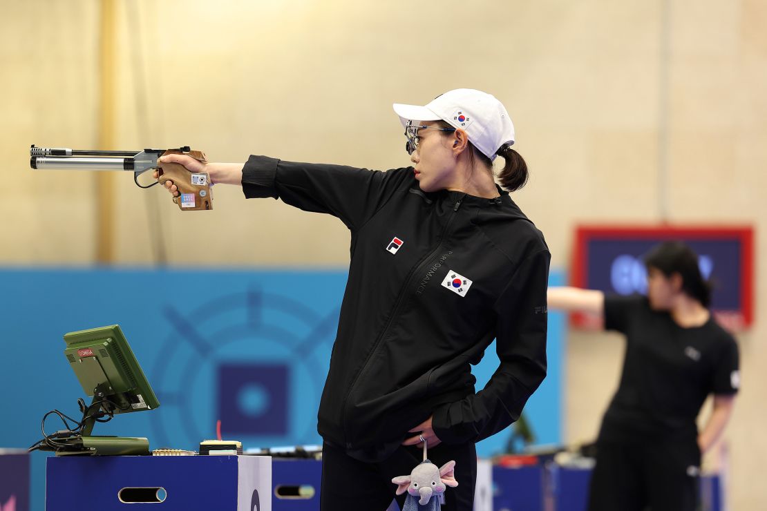 Kim Yeji shoots during the Women's 10m Air Pistol Final on day two of the Paris Olympic Games.