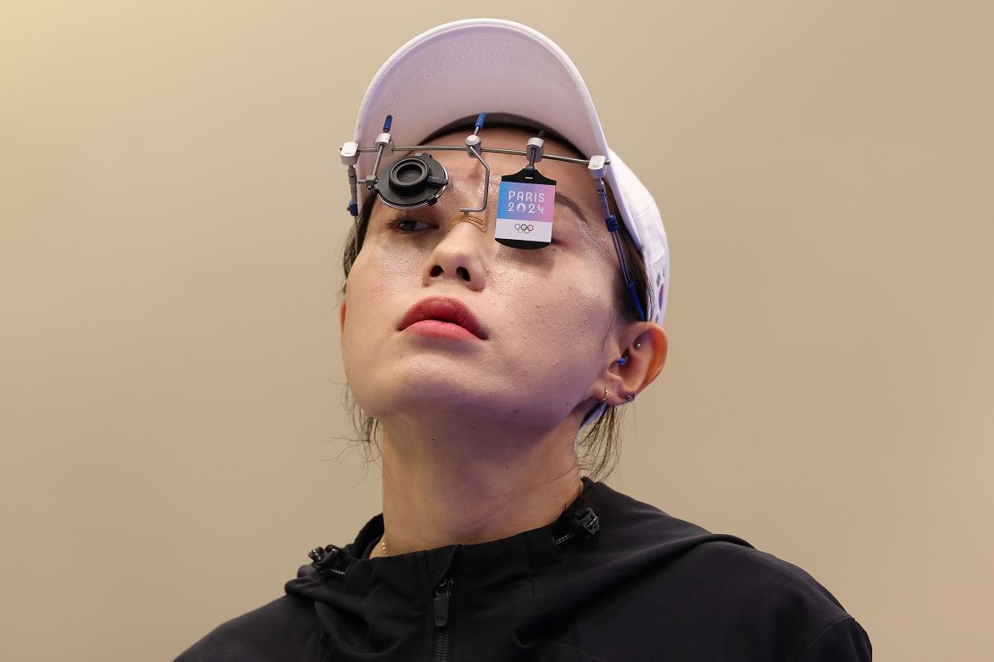 Kim Yeji of Team Republic of Korea prepares to shoot during the Women's 10m Air Pistol Final on day two of the Olympic Games Paris 2024 at Chateauroux Shooting Centre in Chateauroux, France on July 28, 2024.