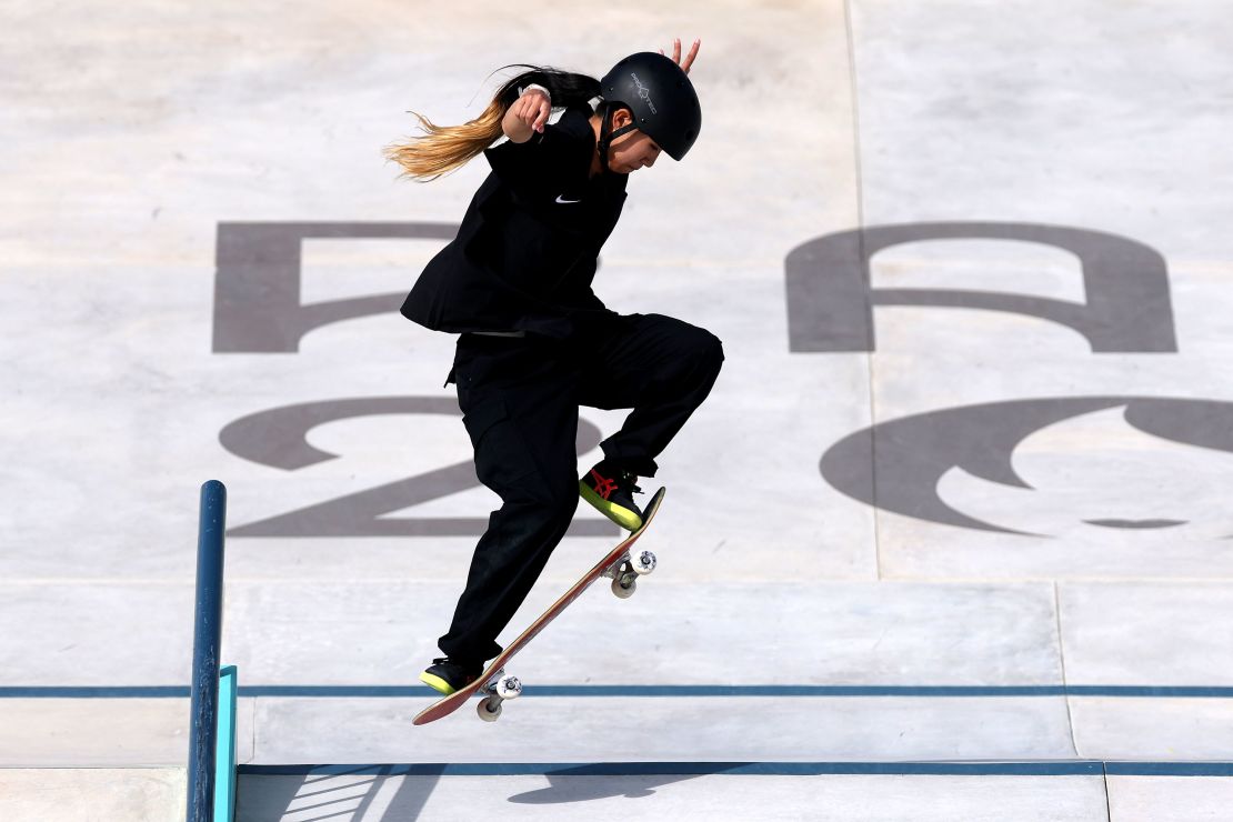 Akama attempts a trick in the women's street final in Paris, France.