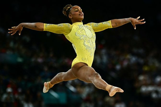 Brazilian gymnast Rebeca Andrade competes in the floor exercise during the individual all-around on August 1. <a href="https://www.cnn.com/sport/live-news/paris-olympics-news-2024-08-01-24#h_e051f40c32497a89e6913a7ab3537e81">Andrade won the silver</a> for the second straight Olympics.