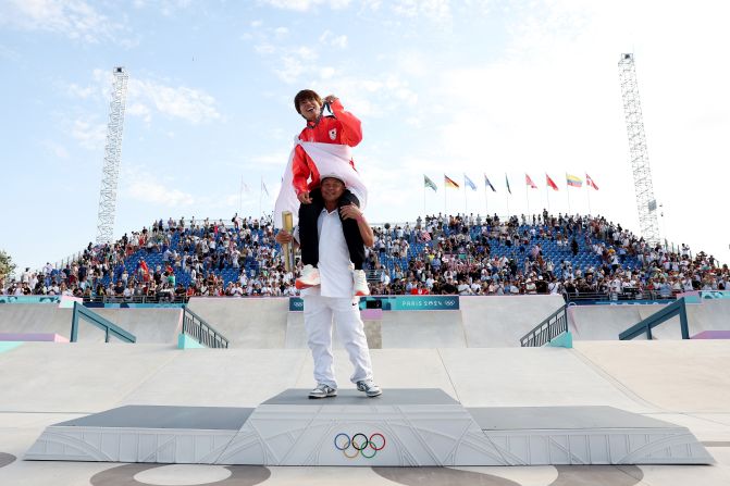 Japanese skateboarder Yuto Horigome celebrates with his gold medal after <a href="https://www.cnn.com/sport/live-news/paris-olympics-news-2024-07-29#h_11b6d4fa703b70686f3cb7b8e1ee5d5c">winning the street competition</a> on July 29. Horigome also won the event at the Tokyo Olympics three years ago.