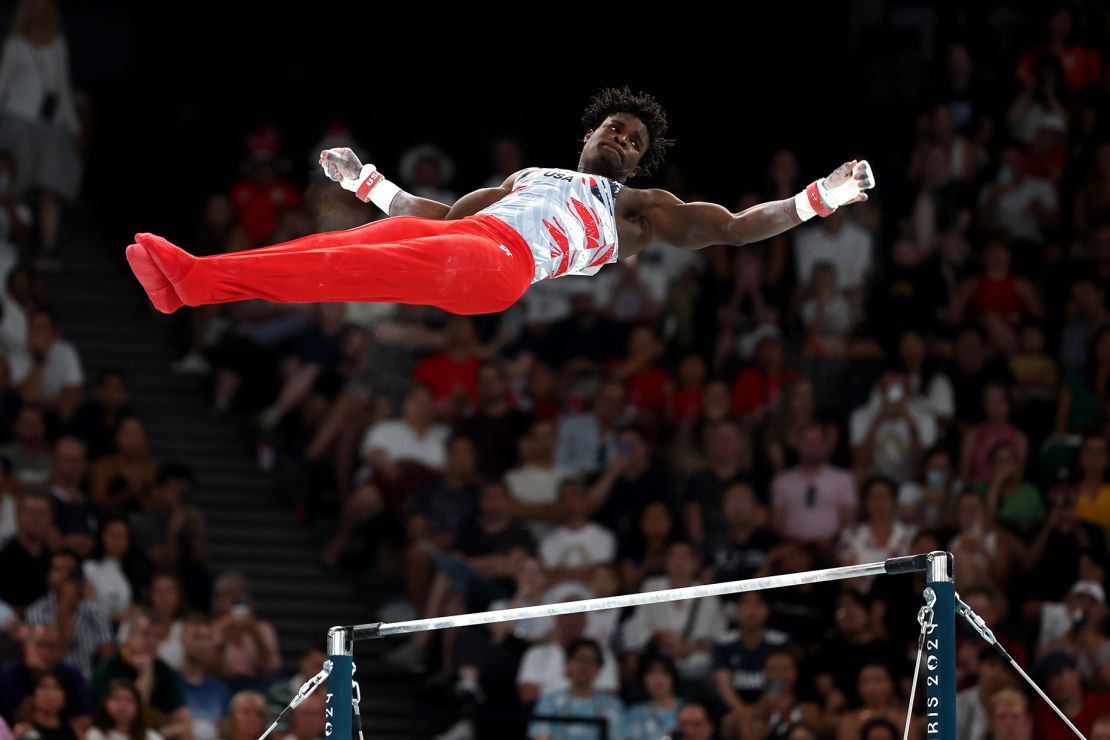 Frederick Richard competes on the high bar during the men's artistic gymnastics team final on day three of the Paris Olympic Games.