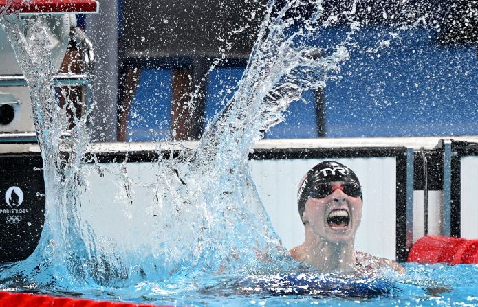 American swimmer Katie Ledecky celebrates after winning Olympic gold in the 1,500-meter freestyle on Wednesday, July 31. The American swimming legend <a href="https://www.cnn.com/sport/live-news/paris-olympics-news-2024-07-31#h_37a7aef097fe315f9528ba4e40dd90a3">crushed the rest of the field</a> in her signature event, breaking her own Olympic record in the process. She finished in 15:30.02, a full 10 seconds faster than her closest competitor.