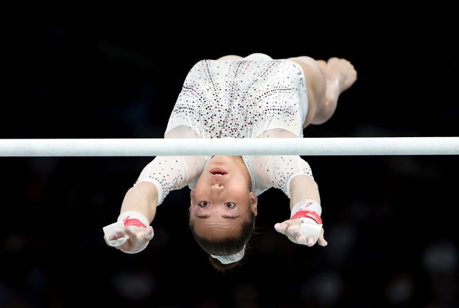 Algeria’s Kaylia Nemour competes in the women's uneven bars final on August 4. She <a href="https://www.cnn.com/sport/live-news/paris-olympics-news-2024-08-04#h_486ddbefb00d76a8963f75a064f4ed2d">made history</a> winning her country's first gold medal in the sport.