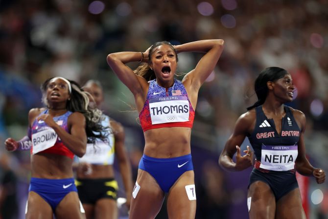 US sprinter Gabby Thomas celebrates after <a href="https://www.cnn.com/sport/live-news/paris-olympics-news-2024-08-06#h_bbdc8465fbc82c1ff9804014f0fffd9f">winning the 200 meters</a> on August 6.