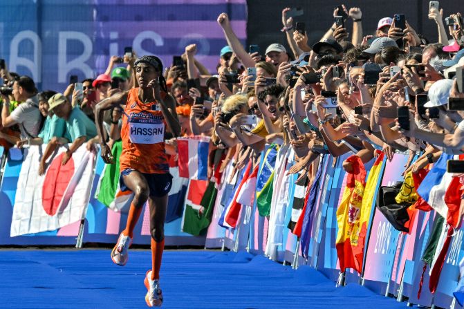 The Netherlands’ Sifan Hassan sprints to the finish line to win the women’s marathon at the Paris Olympics on August 11. She won the gold medal and set an Olympic record with a time of 2:22:55. She also won <a href="https://www.cnn.com/sport/live-news/paris-olympics-news-closing-ceremony#h_76dd926689c584235bad3cf0920139a7">bronze medals</a> in the 5,000 meters and 10,000 meters earlier in the week.