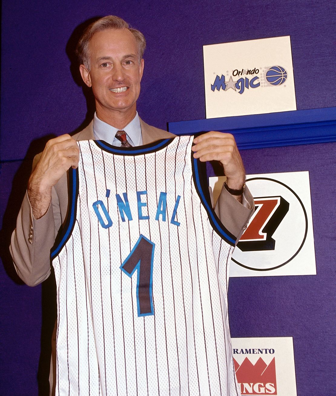 General Manager Pat Williams of the Orlando Magic smiles after receiving the No. 1 pick by winning the draft lottery on May of 1992 and eventually using the pick to select Shaquille O'Neal in Secaucus, New Jersey.