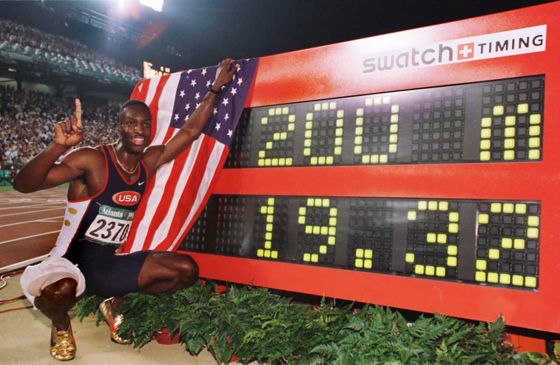 Johnson celebrates his 200m world record in Atlanta.