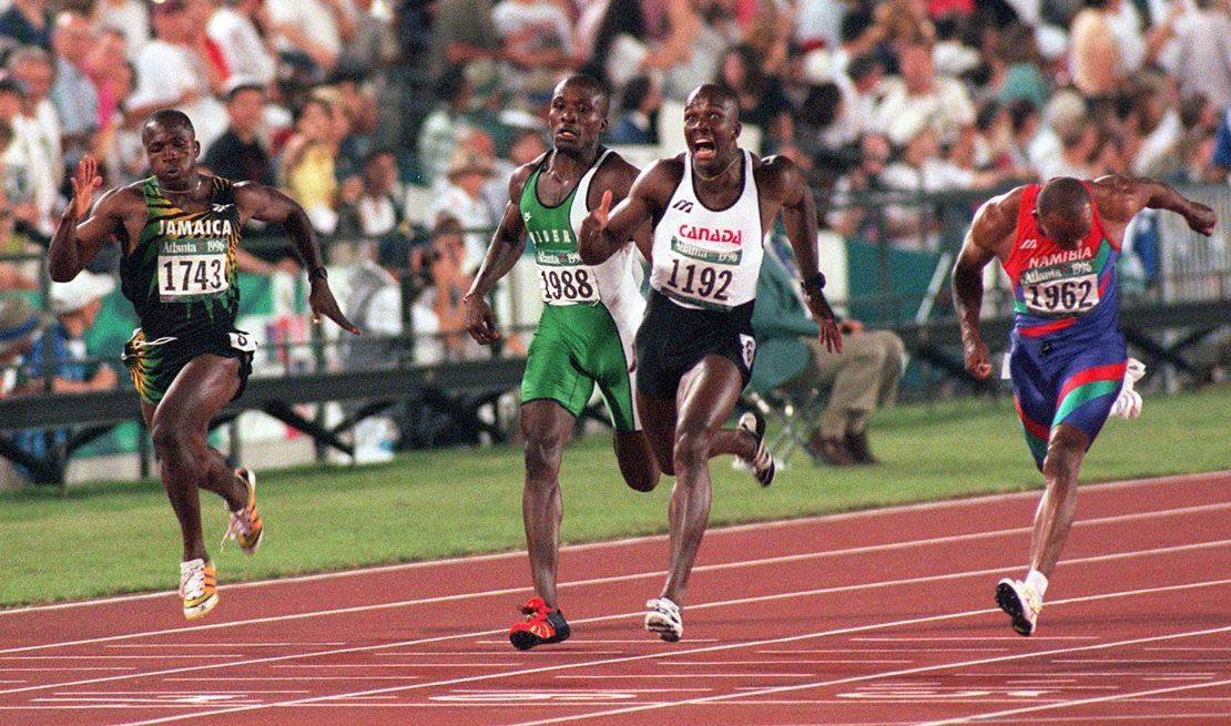 Delight shows on Canada's Donovan Bailey's face (2nd right) after he broke the Olympic record to win the men's 100m fianl at the Olympic Stadium, Atlanta, last evening (Saturday). Britain's Linford Christie, the defending champion, was disqualified after making two false starts. **Other runners L-R, Michael Green, Davidson Ezinwa and Frankie Fredericks** (Photo by John Giles - PA Images/PA Images via Getty Images)