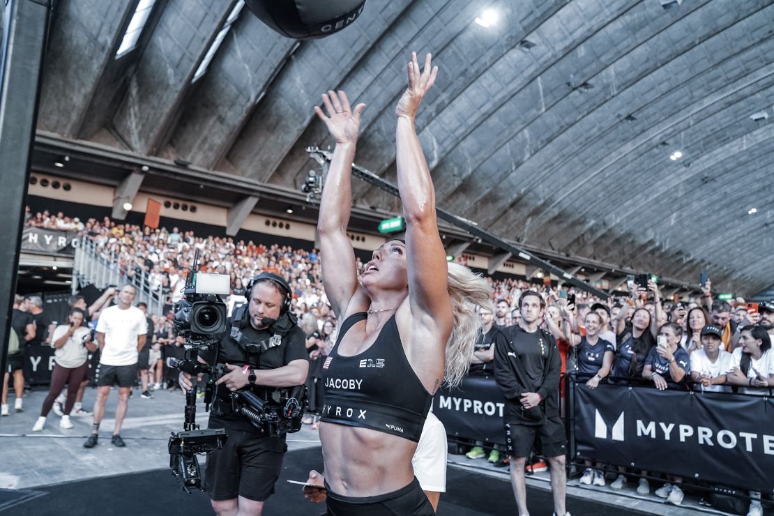 Thousands watch as Jacoby performs the wall ball at the 2024 World Championships in Nice, France.