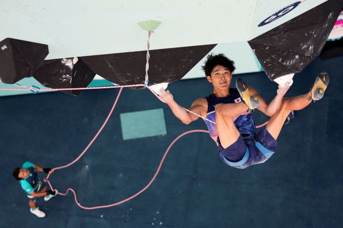 Japanese climber Sorato Anraku competes in the boulder and lead event on August 9. <a href="https://www.cnn.com/sport/live-news/paris-olympics-news-2024-08-09#h_06ecebffd8577289b58c4332778b5285">He slipped in the last run of the final</a> and finished with the silver.