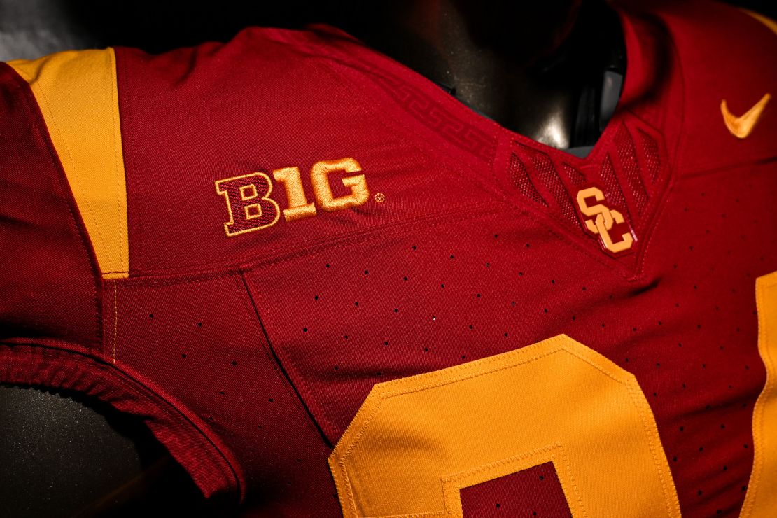 A University of Southern California football uniform is displayed during a Big Ten media day in July at Lucas Oil Stadium in Indianapolis.