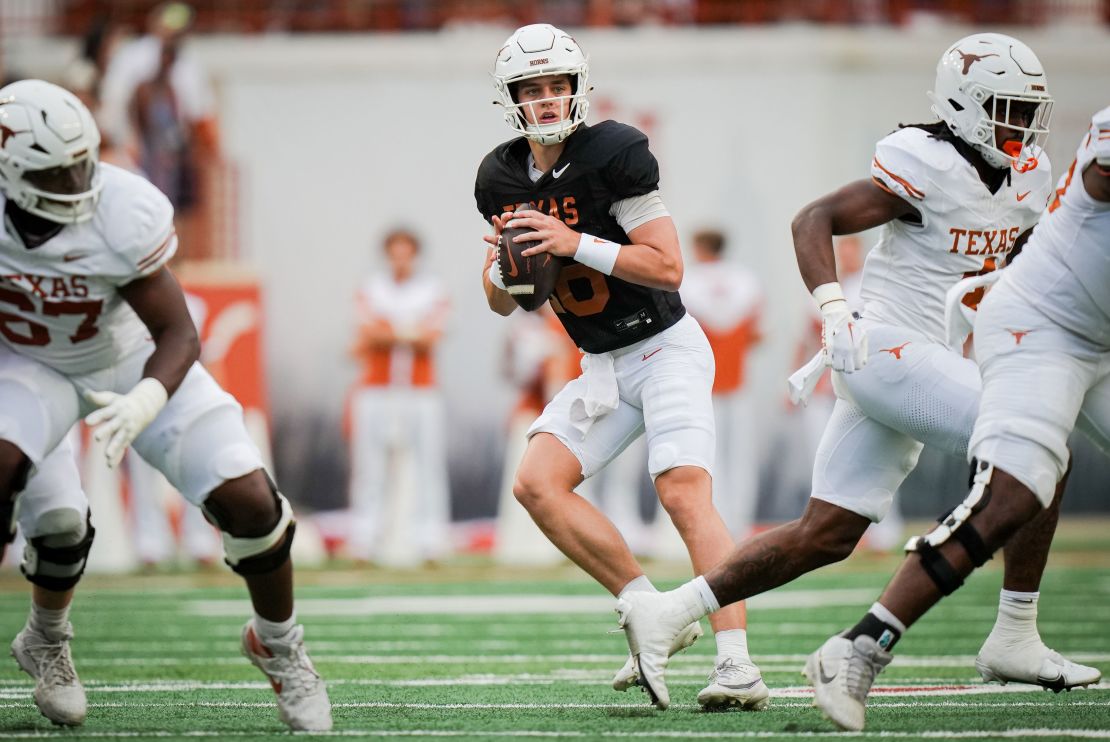 Texas Longhorns quarterback Arch Manning looks to pass during the Longhorns' spring game in Austin on April 20.