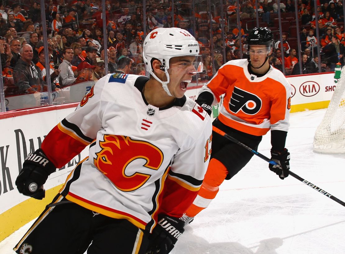 Johnny Gaudreau of the Calgary Flames reacts after scoring a goal against the Philadelphia Flyers at the Wells Fargo Center in Philadelphia on November 18, 2017.