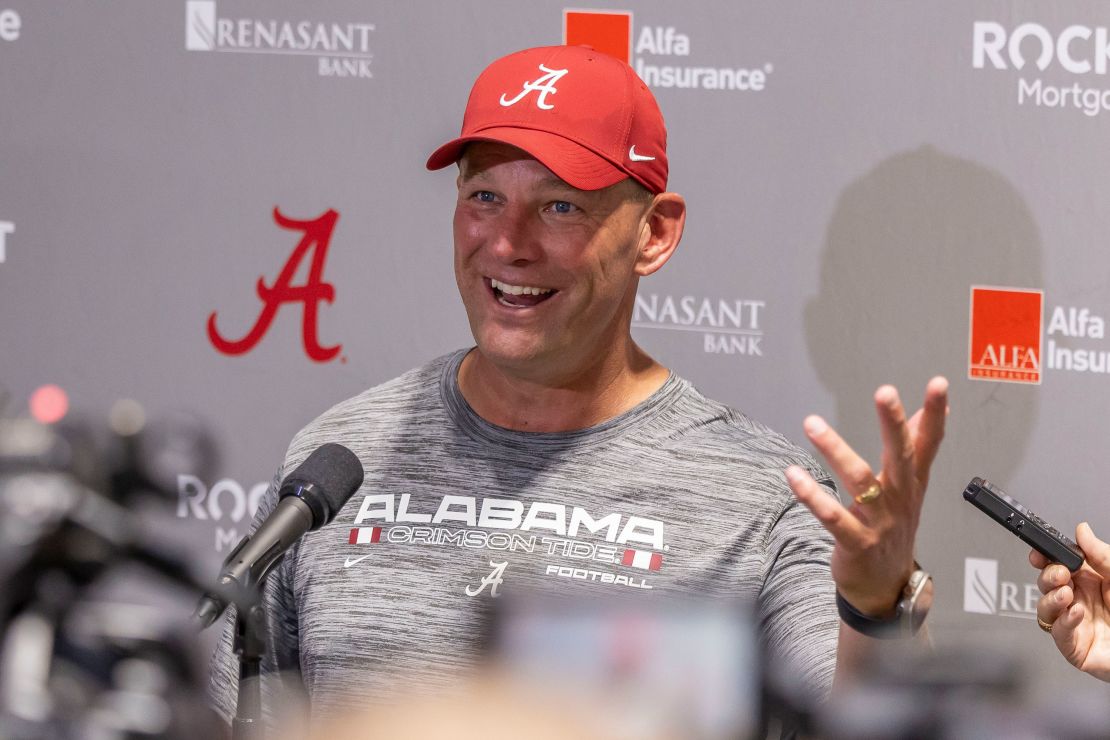 Alabama's head coach Kalen DeBoer talks with the media on July 31 in Tuscaloosa, Alabama.