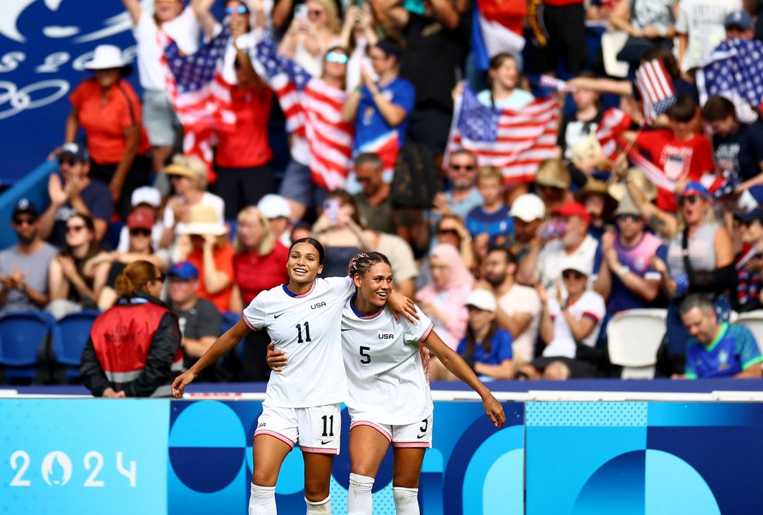 Sophia Smith and Trinity Rodman celebrate during the USWNT's win against Japan.