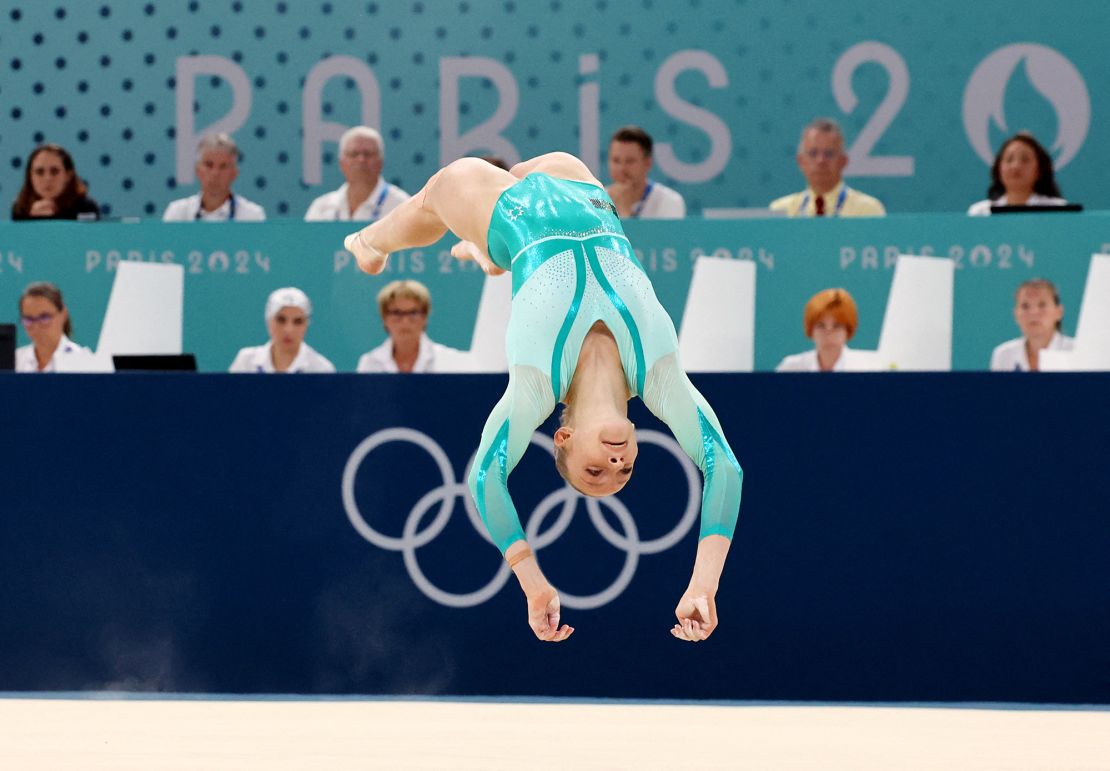 Romanian gymnast Ana Bǎrbosu performs during the 2024 women's floor exercise final.