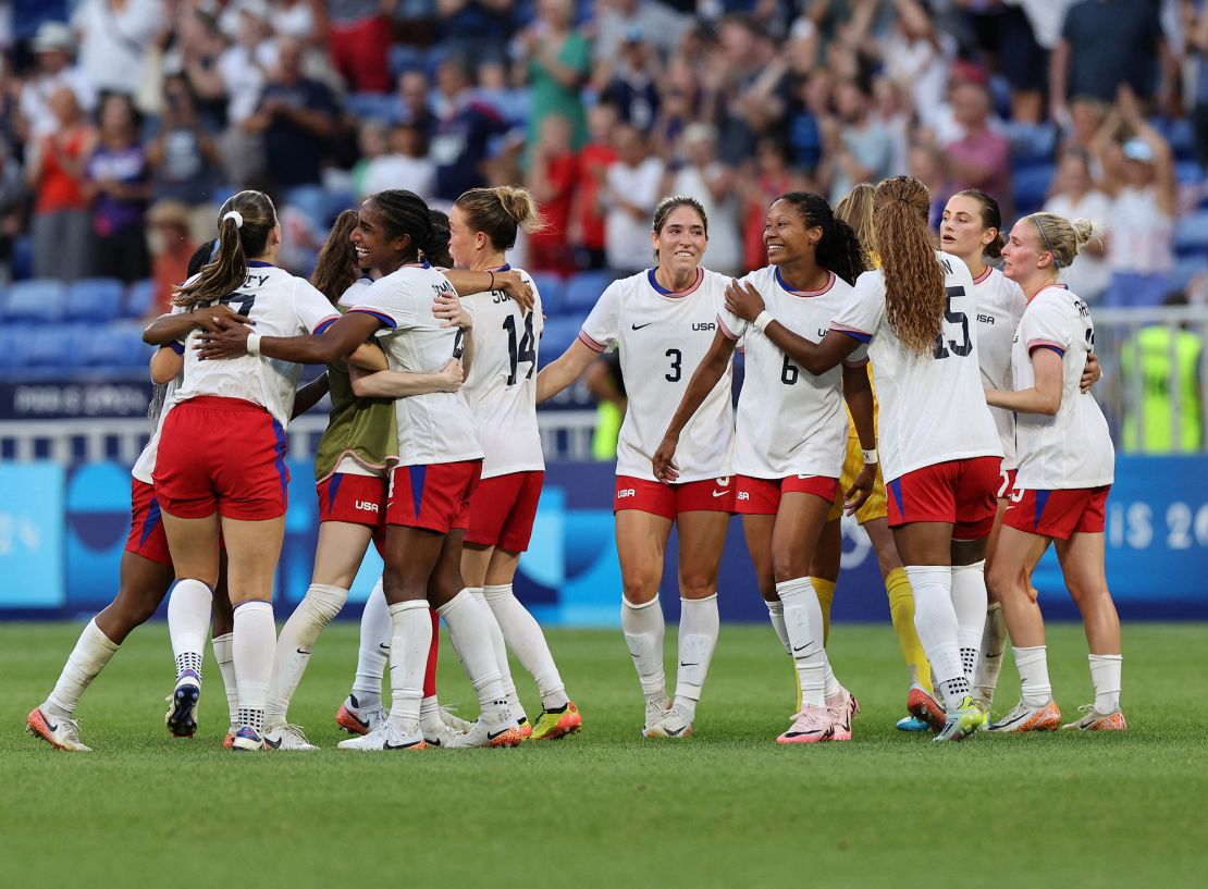 US players celebrate their late goal against Germany in the semifinal of the Olympics.