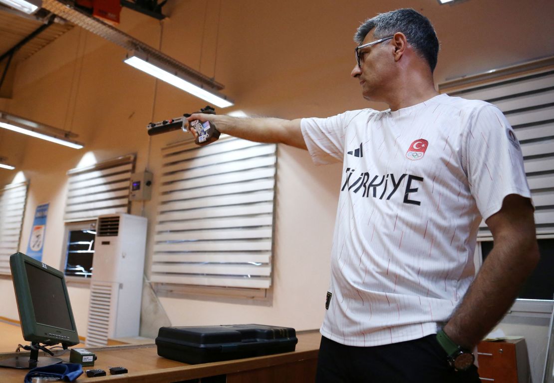 Turkish shooter Yusuf Dikec, who won the silver in the mixed team 10-meter air pistol event in Paris 2024 Olympics combined with Sevval Ilayda Tarhan, is pictured during a training in Ankara, Turkey.