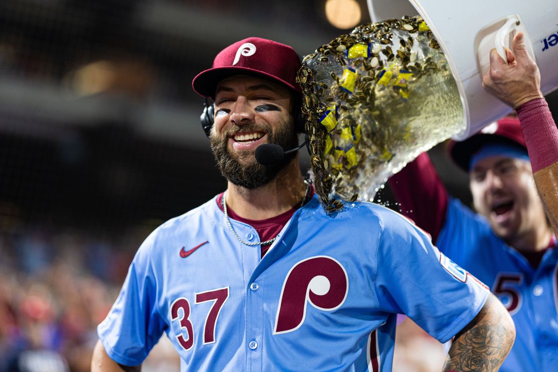 Aug 15, 2024; Philadelphia, Pennsylvania, USA; Philadelphia Phillies outfielder Weston Wilson (37) is doused in celebration of hitting for the cycle in a victory against the Washington Nationals at Citizens Bank Park. Mandatory Credit: Bill Streicher-USA TODAY Sports