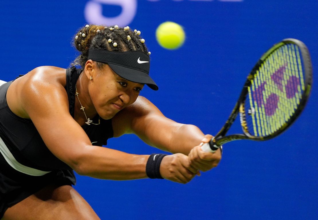 Aug 29, 2024; Flushing, NY, USA; Naomi Osaka (JPN) hits to Karolina Muchova (CZE) on day four of the 2024 U.S. Open tennis tournament at USTA Billie Jean King National Tennis Center. Mandatory Credit: Robert Deutsch-USA TODAY Sports