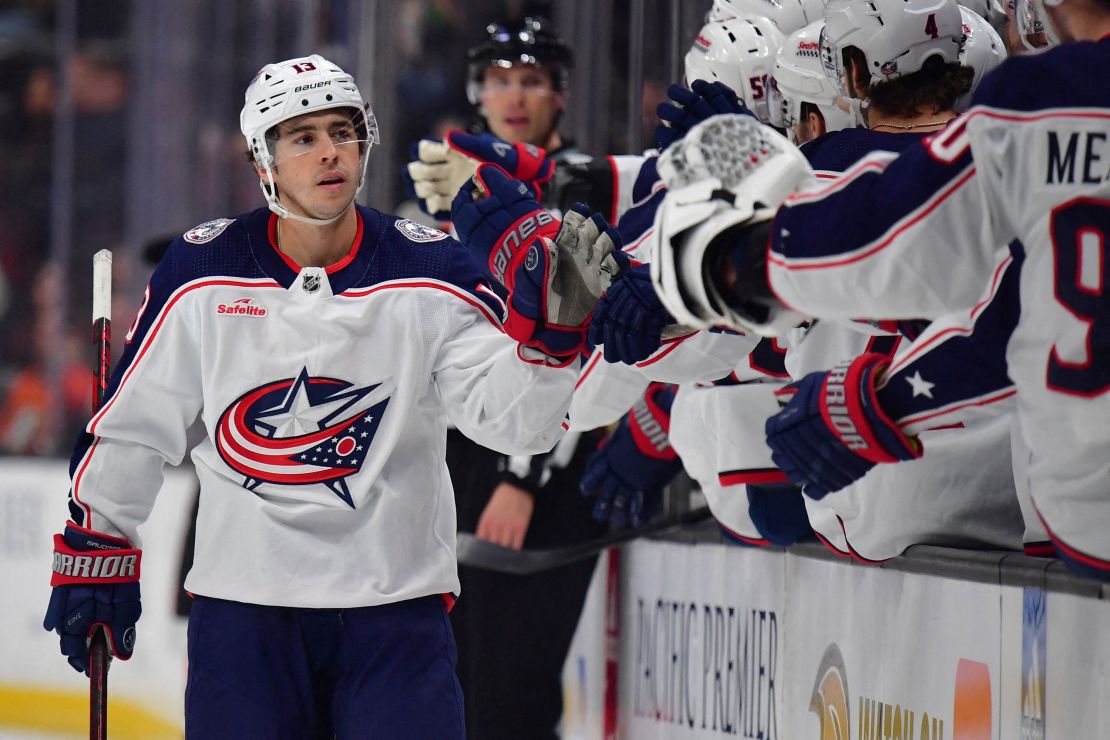 Columbus Blue Jackets left wing Johnny Gaudreau celebrates his goal scored against the Anaheim Ducks in Anaheim, California, on February 21.