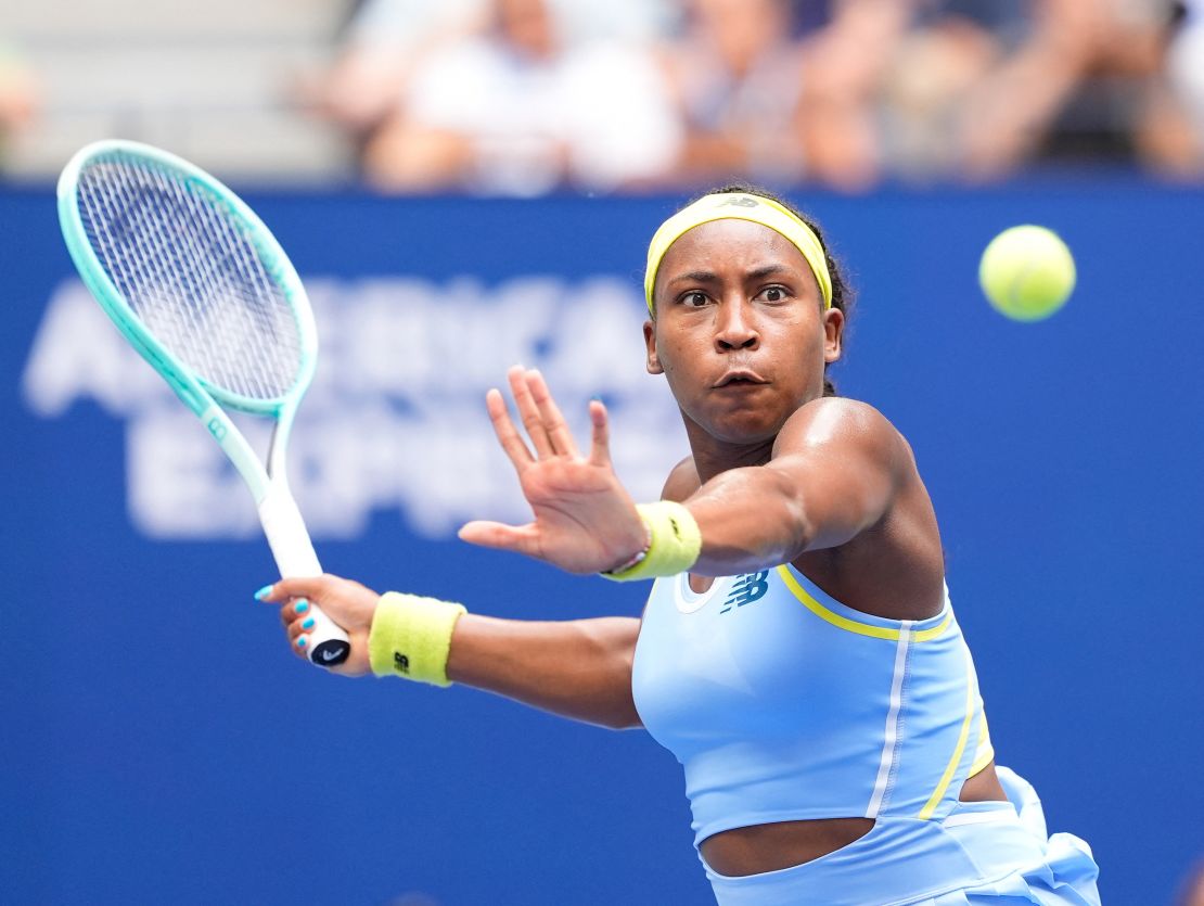 Sep 1, 2024; Flushing, NY, USA; Coco Gauff (USA) hits to Emma Navarro (USA) on day seven of the 2024 U.S. Open tennis tournament at USTA Billie Jean King National Tennis Center. Mandatory Credit: Robert Deutsch-USA TODAY Sports