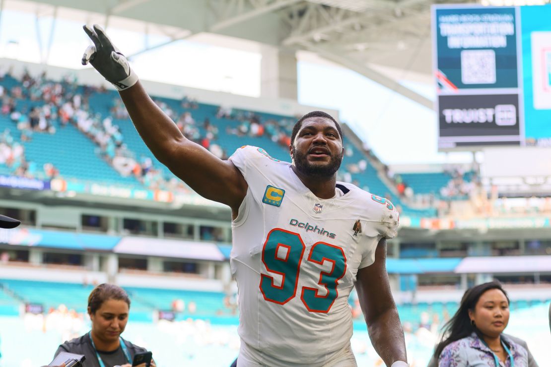 Calais Campbell celebrates the Dolphins' win over the Jaguars.