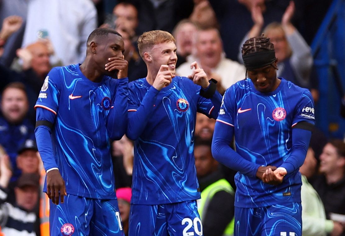 From left to right, Chelsea's Nicolas Jackson, Cole Palmer, and Noni Madueke celebrate against Brighton.