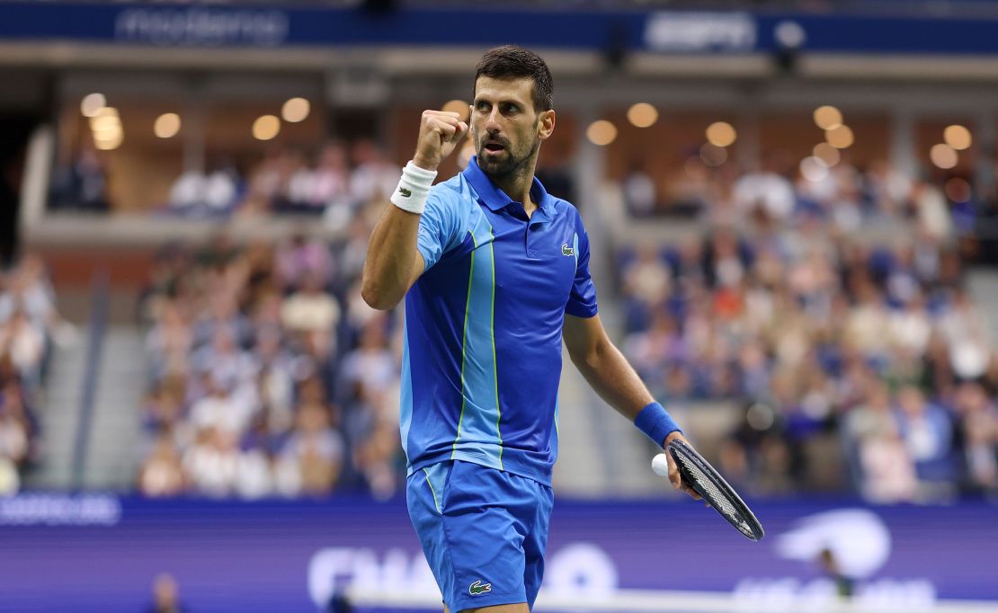 NEW YORK, NEW YORK - SEPTEMBER 10: Novak Djokovic of Serbia celebrates a point against Daniil Medvedev of Russia during their Men's Singles Final match on Day Fourteen of the 2023 US Open at the USTA Billie Jean King National Tennis Center on September 10, 2023 in the Flushing neighborhood of the Queens borough of New York City. (Photo by Clive Brunskill/Getty Images)