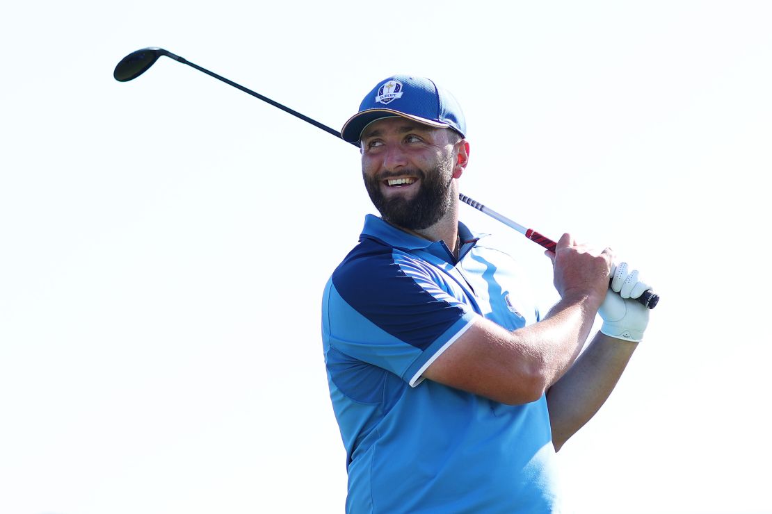 Jon Rahm of Team Europe reacts on the 16th tee during a practice round prior to the 2023 Ryder Cup at Marco Simone Golf Club on September 27, 2023 in Rome, Italy.