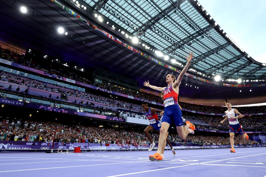 Hocker celebrates winning Olympic gold in Paris.