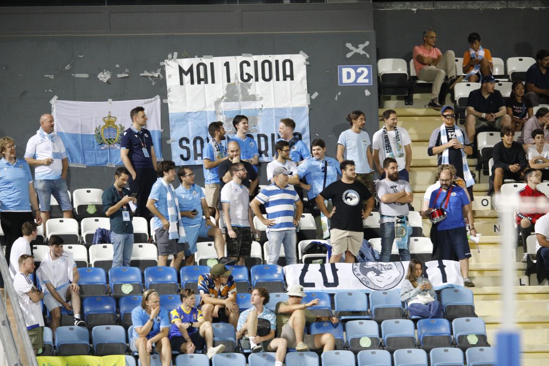 A <em>Brigata Mai 1 Gioia</em> banner at San Marino's game against Liechtenstein on September 5.