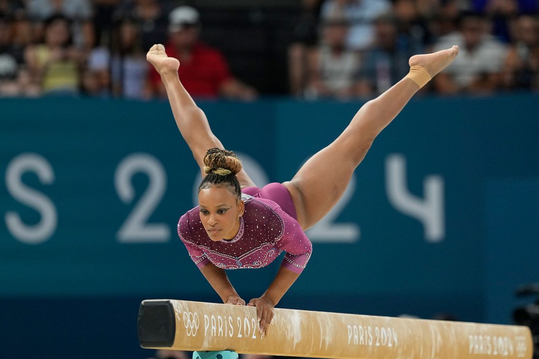 Rebeca Andrade competes during the women's artistic gymnastics individual balance beam finals on August 5, 2024, in Paris.