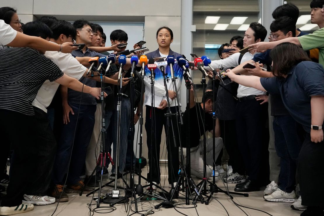 An speaks to the media at Incheon International Airport in Incheon, South Korea, on August 7.