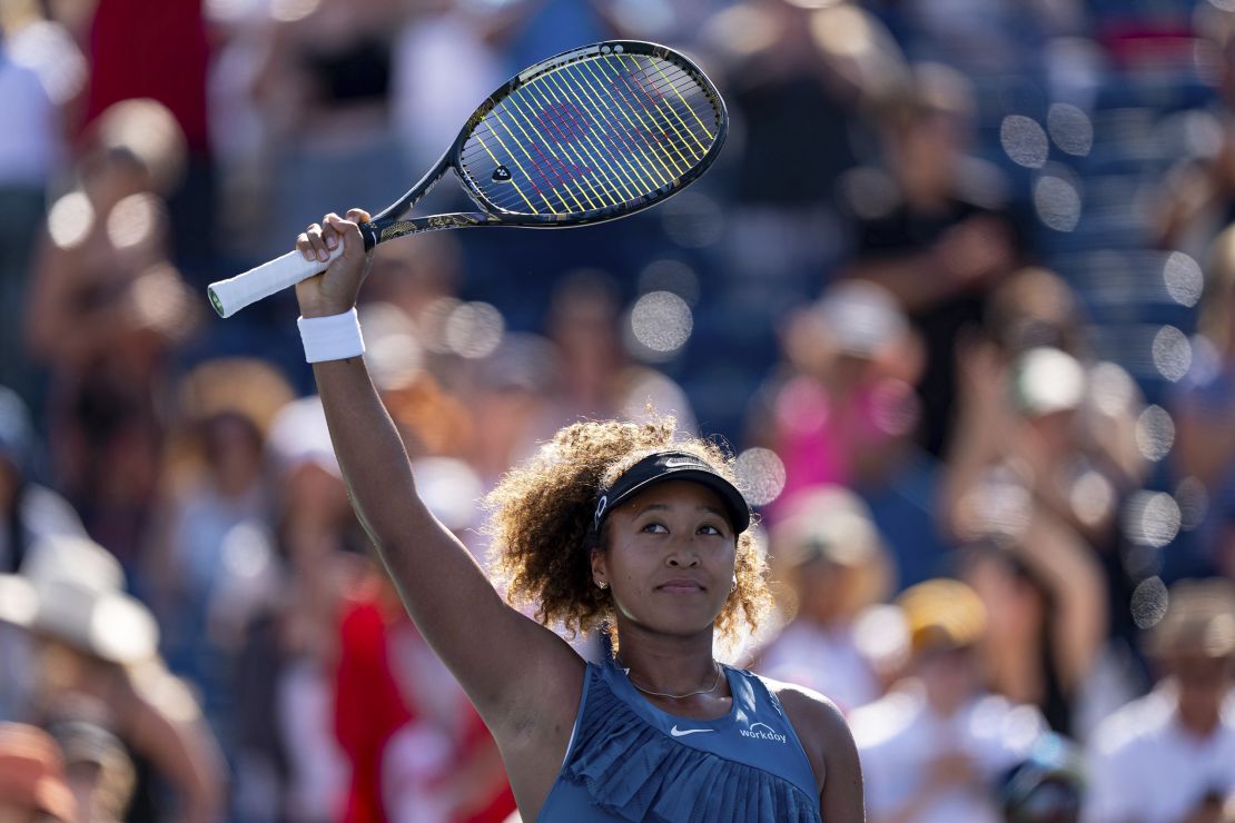 Osaka celebrates defeating Ons Jabeur in the first round of the National Bank Open.