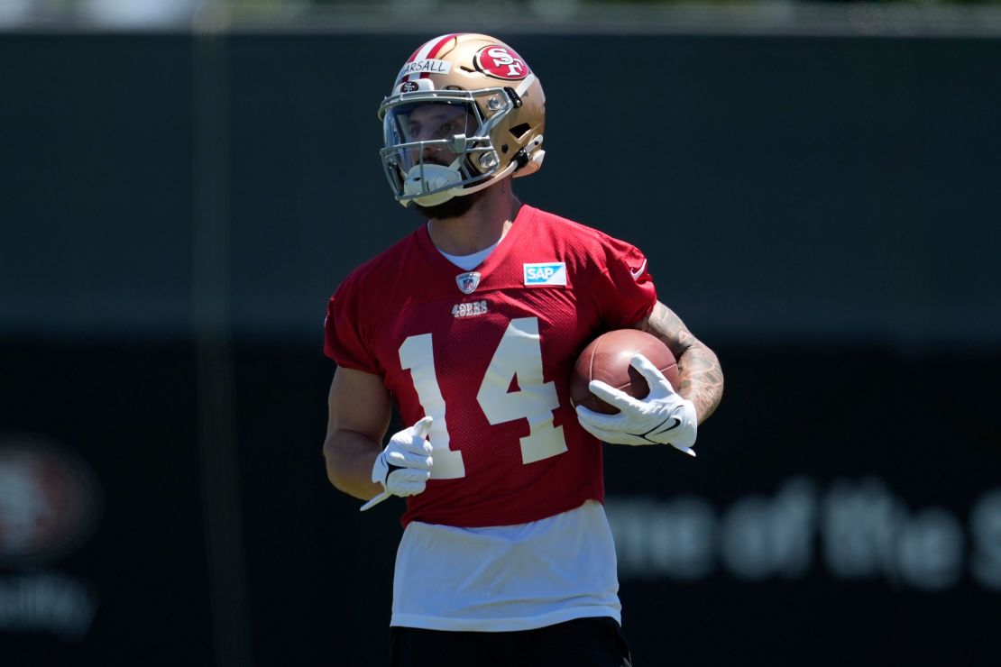 Pearsall carries the ball during the NFL football team's rookie minicamp in Santa Clara, California, on May 10, 2024.