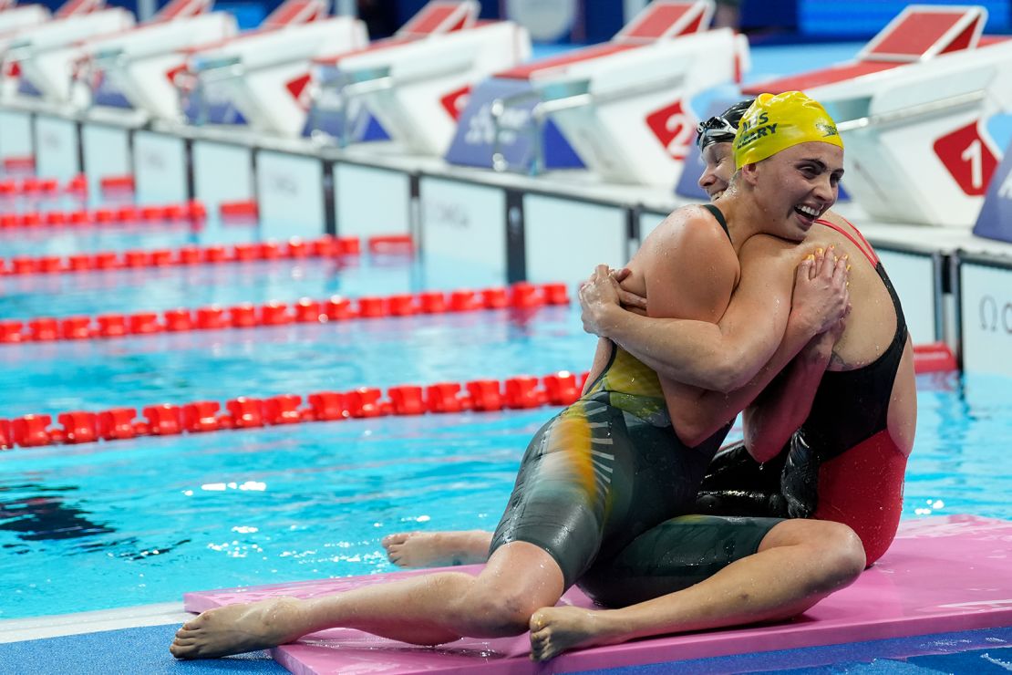 Gold medalist Leary, left, and American silver medalist Christie Raleigh-Crossley embrace each other after the women's 100m freestyle S9 on Wednesday.