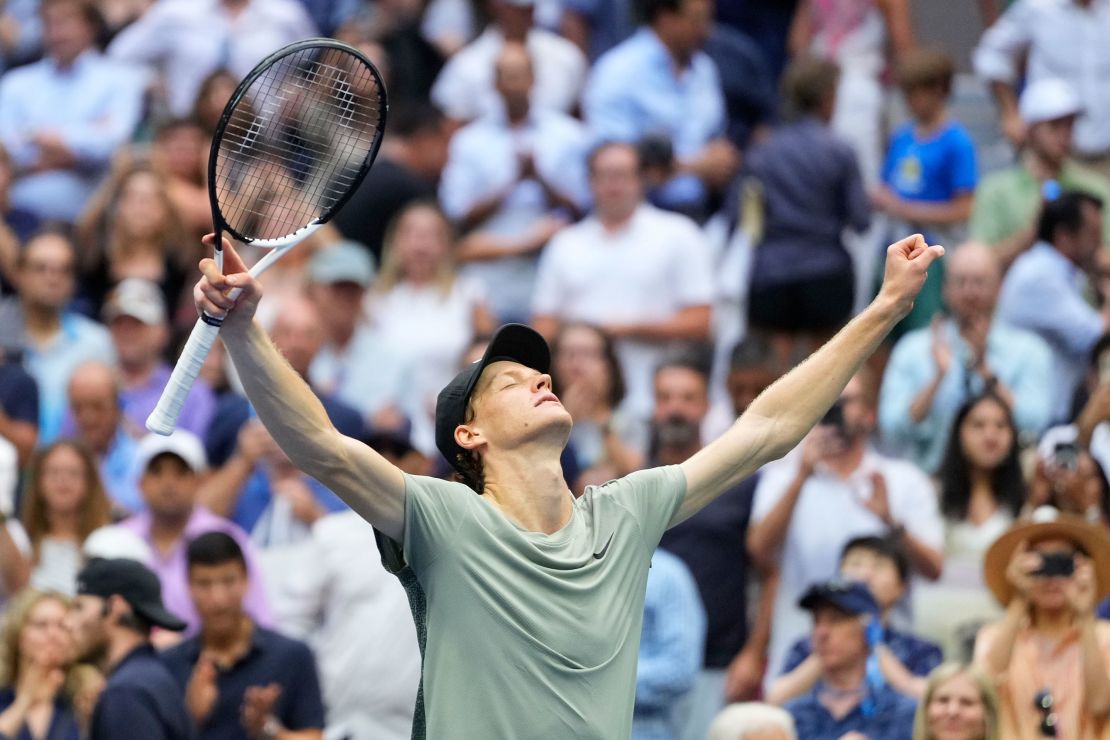 Jannik Sinner reacts after defeating Jack Draper.